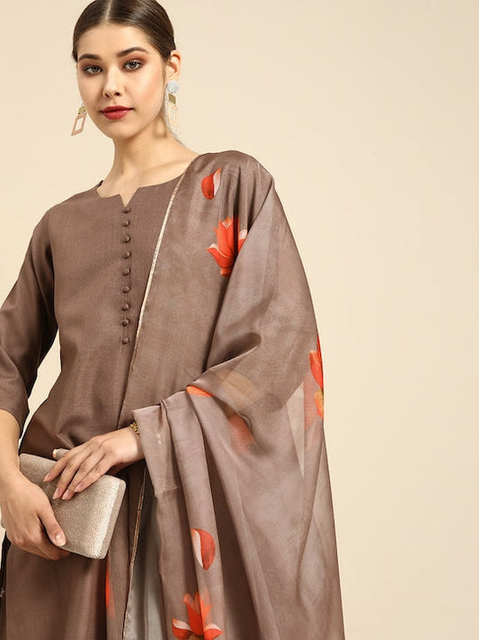 Anouk Women Brown Solid Straight Kurta with Palazzos & With Dupatta