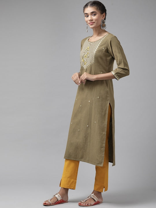 Yufta Women Grey Embroidered Mirror Work Kurta