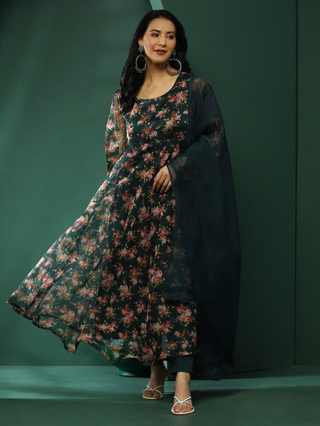 AKS Floral Printed Anarkali Kurta With Trousers & Dupatta