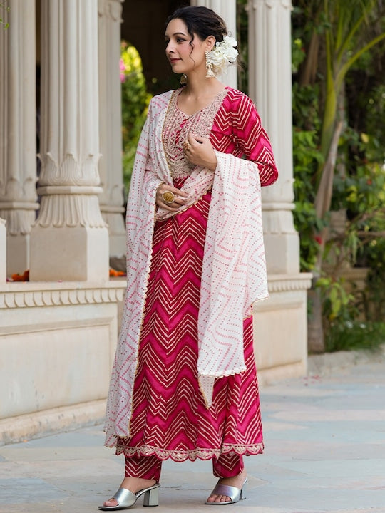 Yufta Chevron Printed Anarkali Sequinned Kurta with Trousers & With Dupatta