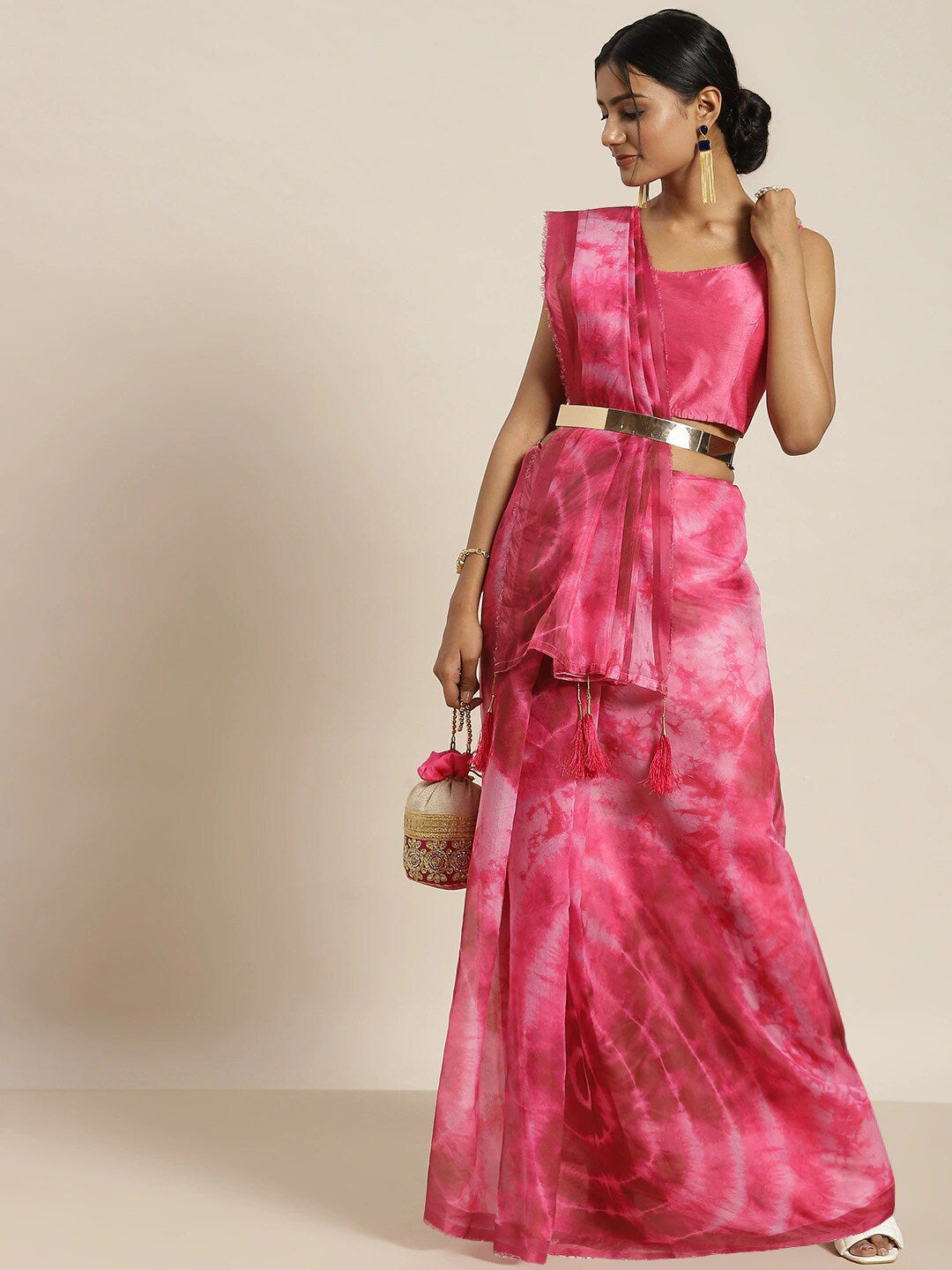 All about you Pink & White Tie and Dye Organza Saree