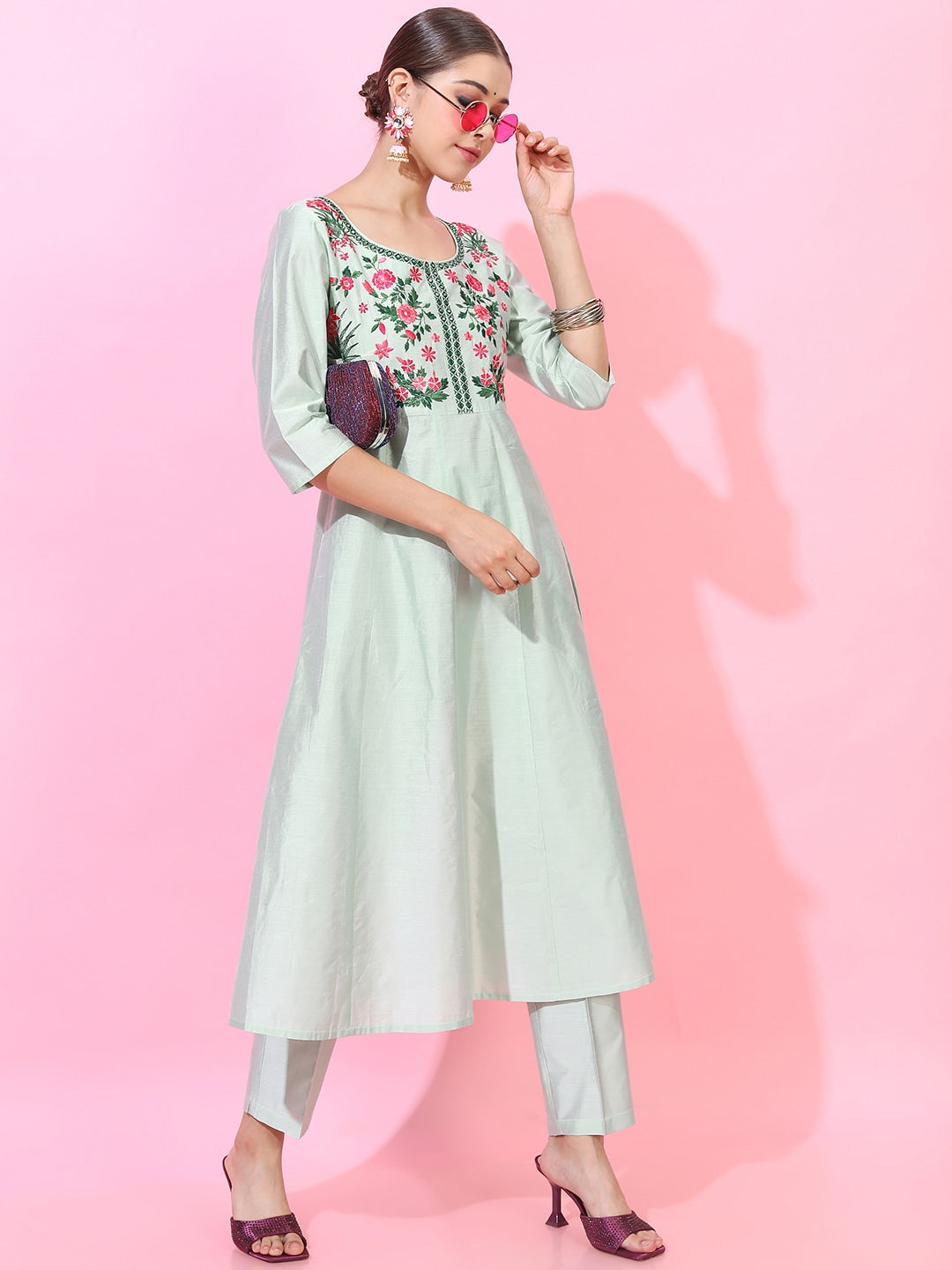 Vishudh Women Green Floral Yoke Design Empire Kurta with Trousers & With Dupatta