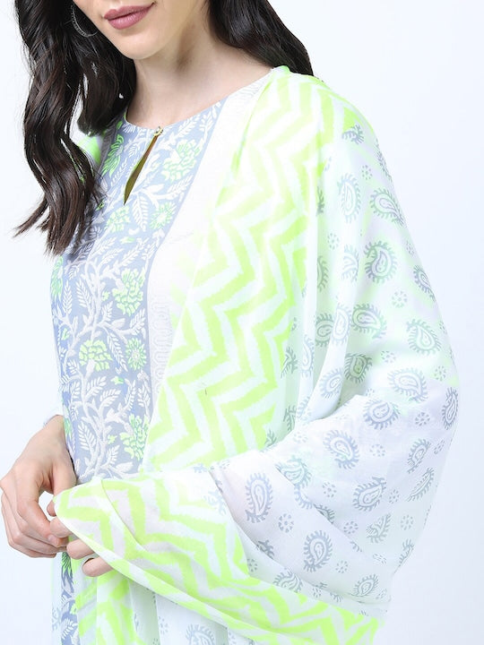 Vishudh Grey Floral Yoke Design Empire Kurta with Trousers & With Dupatta
