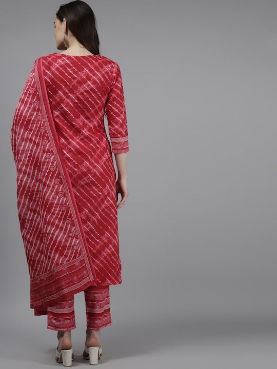 Yufta Women Red Pure Cotton Leheriya Printed Kurta with Palazzos & Dupatta