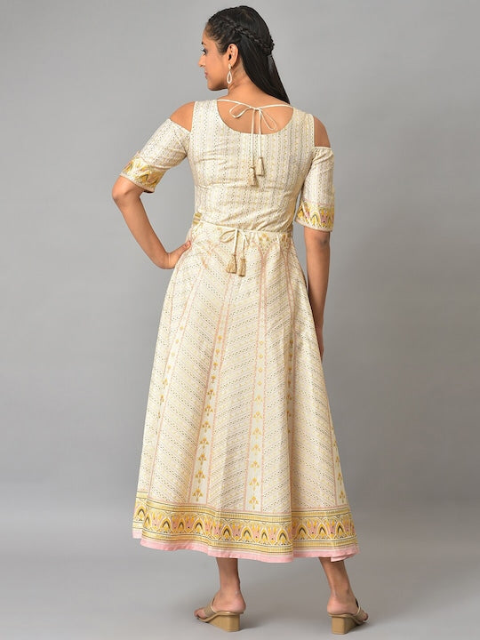 Aurelia Ethnic Motifs Printed Cold-Shoulder Sleeves Midi Fit & Flare Ethnic Dress