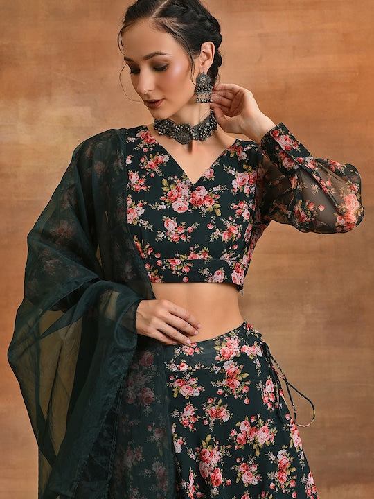 AKS Floral Printed V-Neck Ready to Wear Lehenga & Blouse With Dupatta