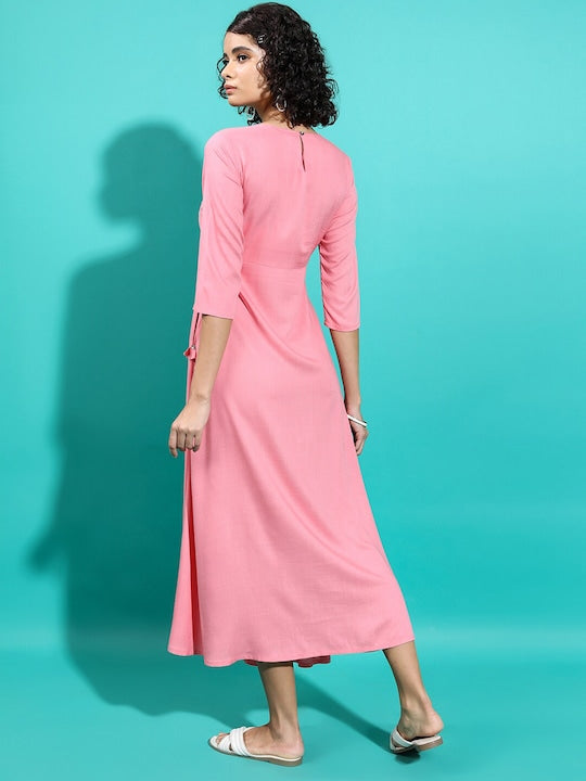 Vishudh Pink Floral Printed A-Line Midi Dress