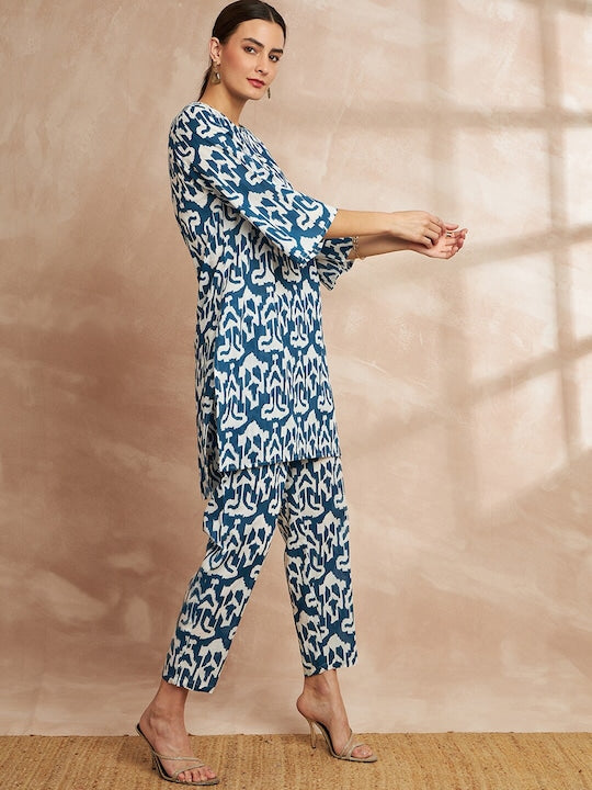 All about you Ethnic Motifs Printed Keyhole Neck High Low Pure Cotton Kurta with Trousers