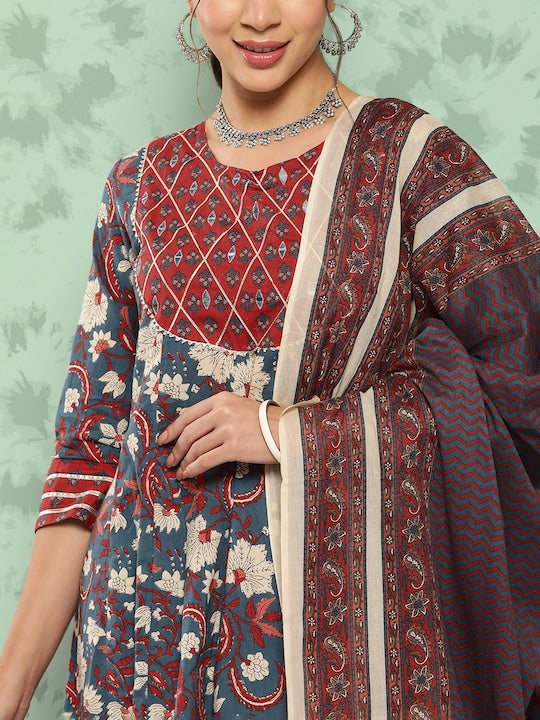 Yufta Floral Printed Gotta Patti Pure Cotton Kurta With Palazzos & With Dupatta