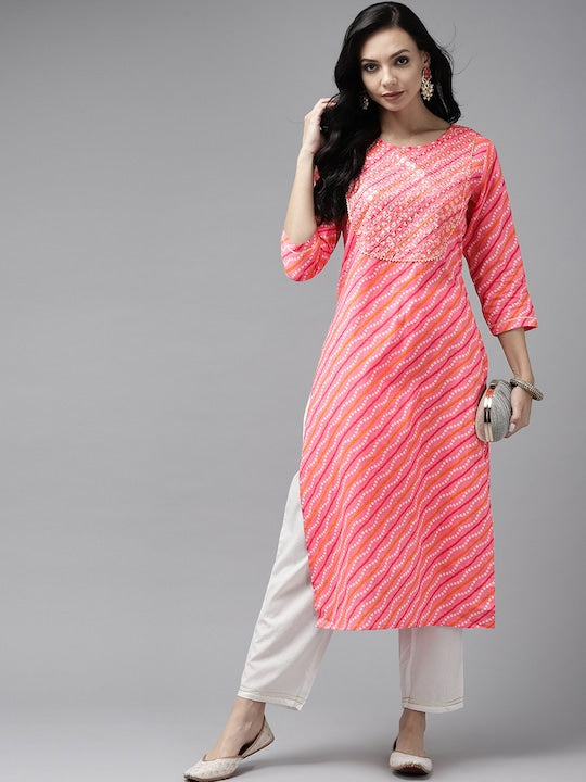 Yufta Women Pink Bandhani Yoke Design Regular Sequinned Pure Cotton Kurta with Palazzos