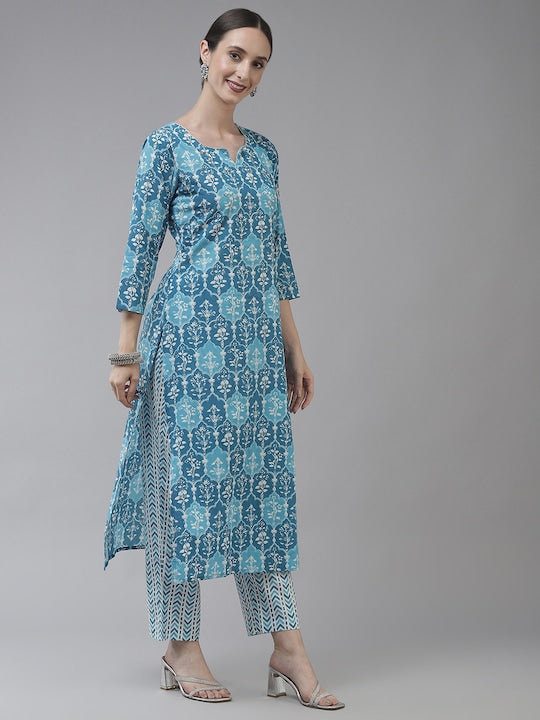 Yufta Women Blue Ethnic Motifs Printed Sequinned Pure Cotton Kurta with Trousers & Dupatta