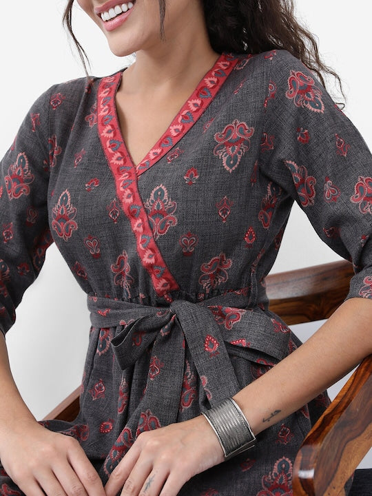 Vishudh Charcoal Ethnic Motif Printed Tiered Fit & Flare Midi Ethnic Dress