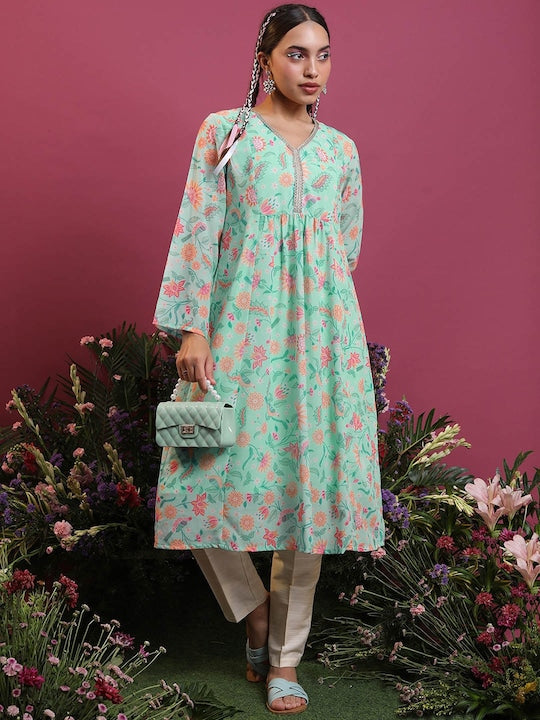Vishudh Floral Printed V-Neck Anarkali Kurta