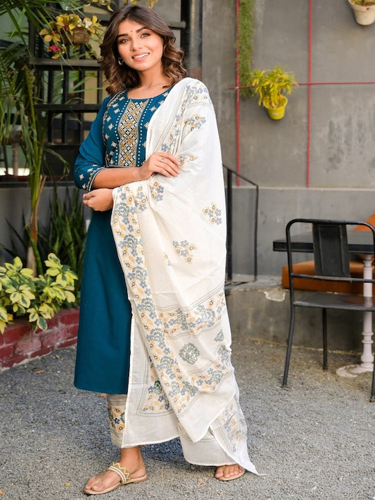 Yufta Women Teal Floral Printed Linen Kurta With Trousers & With Palazzo