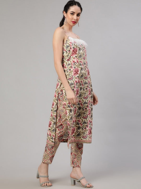 AKS Floral Printed Regular Kurta With Trousers & Dupatta