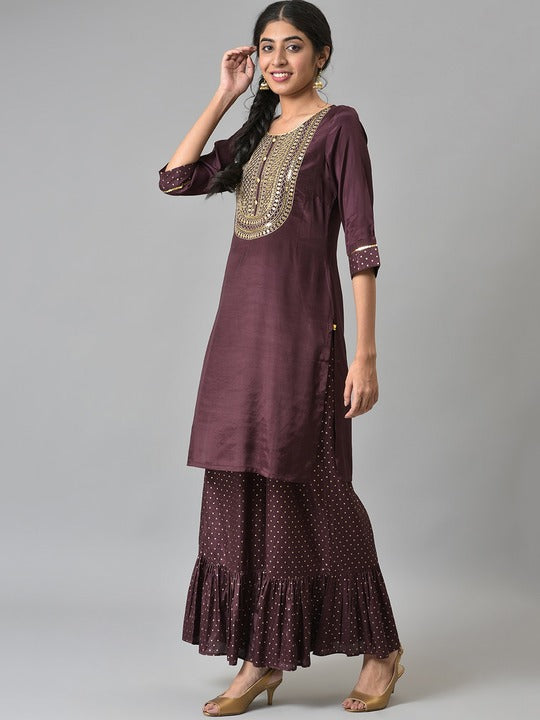 Aurelia Aurelia Women Brown Shantung Liva Kurta with Gathered Sharara