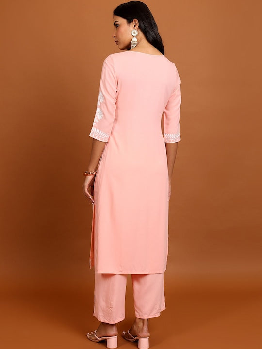 Vishudh Peach-Coloured Floral Embroidered Straight Kurta with Palazzos