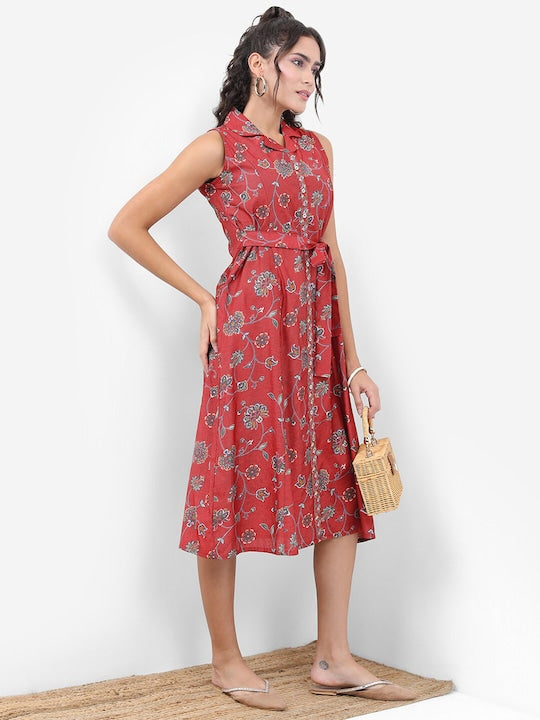 Vishudh Red Floral Printed V-Neck A-Line Dress