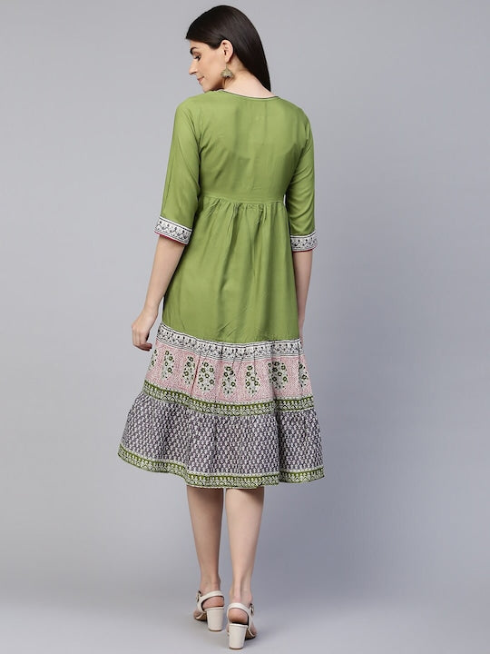 All about you Green & Pink Ethnic Motifs Printed Notch Neck A-Line Midi Dress