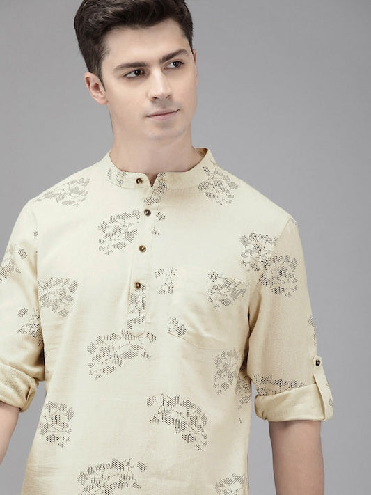 Anouk Men Beige & Black Printed Straight Kurta