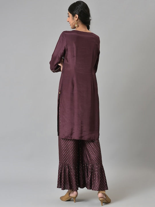 Aurelia Aurelia Women Brown Shantung Liva Kurta with Gathered Sharara