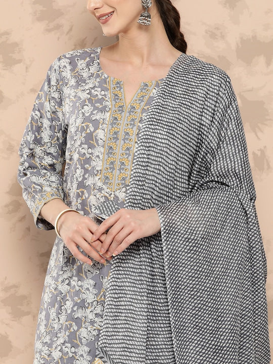 Yufta Women Grey Floral Printed Regular Pure Cotton Kurta with Harem Pants & With Dupatta
