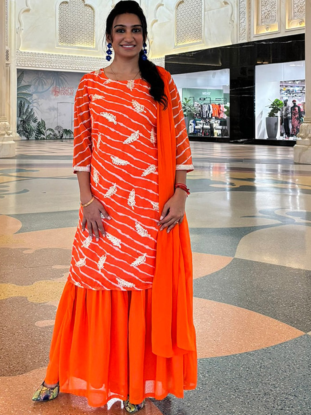 AKS Couture Leheriya Striped Regular Thread Work Kurta with Sharara & Dupatta