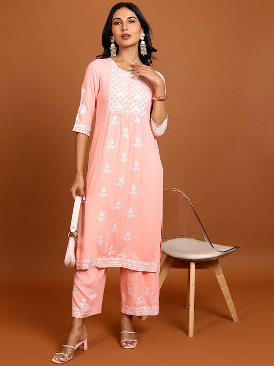 Vishudh Peach-Coloured Floral Embroidered Straight Kurta with Palazzos