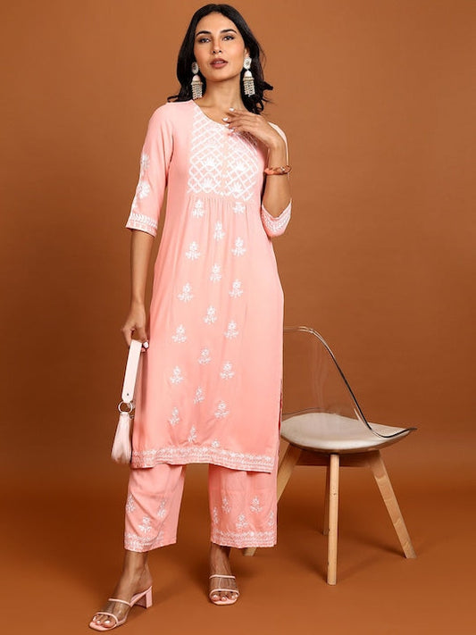 Vishudh Peach-Coloured Floral Embroidered Straight Kurta with Palazzos