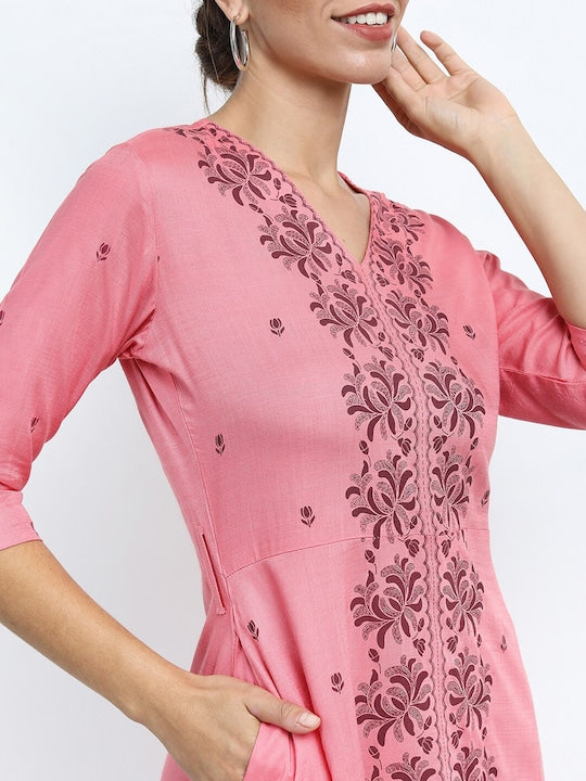 Vishudh Pink Floral Ethnic A-Line Midi Dress