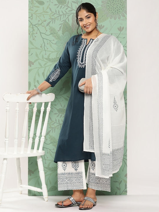 Yufta Plus Size Ethnic Motifs Embroidered Pure Cotton Kurta with Palazzos & With Dupatta