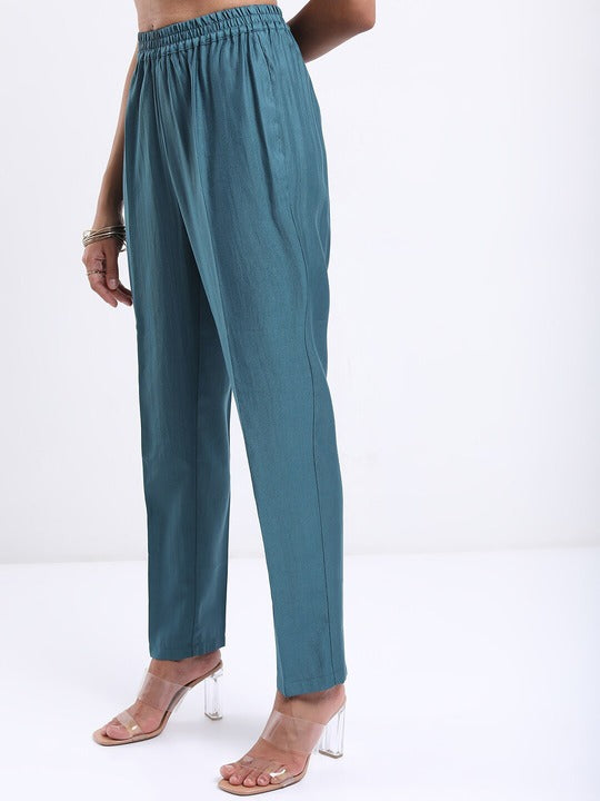 Vishudh Teal Floral Printed Straight Kurta with Trousers With Dupatta