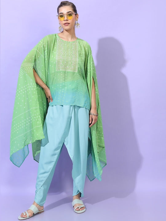 Vishudh Women Turquoise Blue Layered Kurti with Dhoti pant