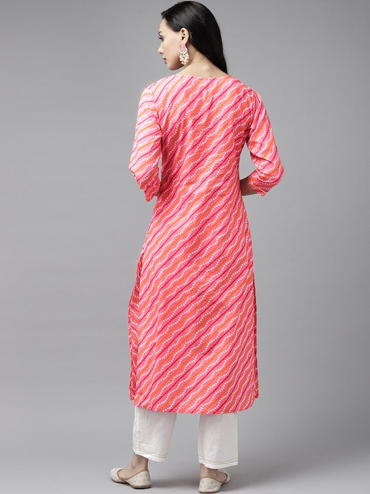 Yufta Women Pink Bandhani Yoke Design Regular Sequinned Pure Cotton Kurta with Palazzos