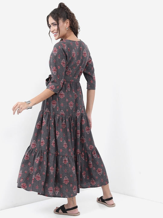 Vishudh Charcoal Ethnic Motif Printed Tiered Fit & Flare Midi Ethnic Dress