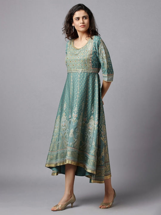 Aurelia Green & Gold-Toned Ethnic Motifs Printed A-Line Midi Dress