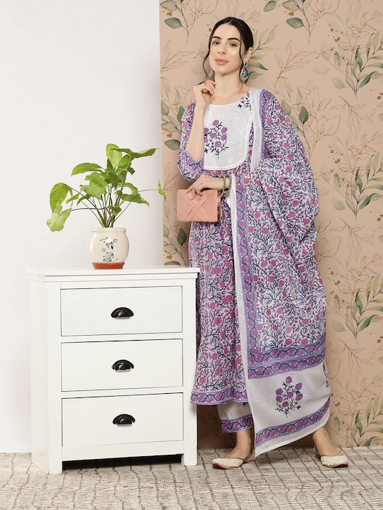 Yufta Floral Printed Kantha Work Pure Cotton Kurta with Trousers & Dupatta
