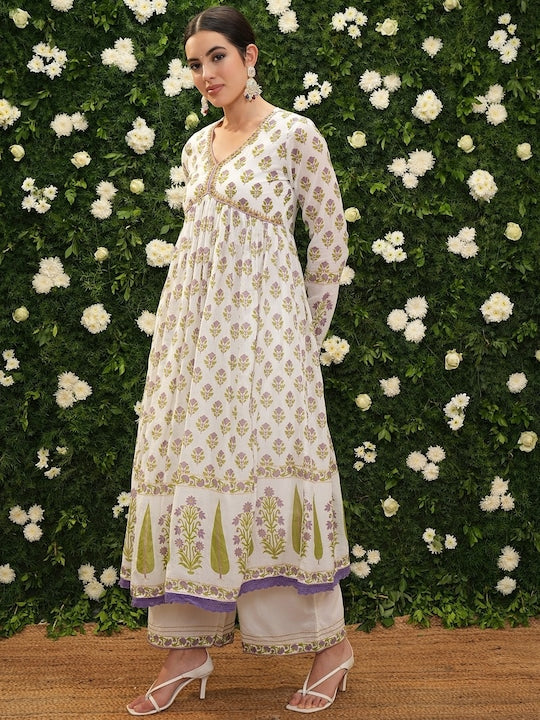 Vishudh Women Floral Printed Pleated Pure Cotton Kurta with Palazzos & With Dupatta