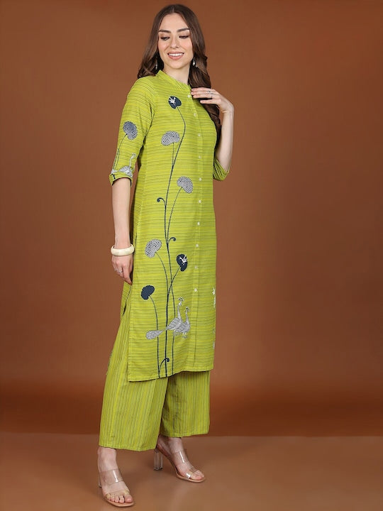 Vishudh Lime Green Striped Regular Pure Cotton Kurta With Palazzos