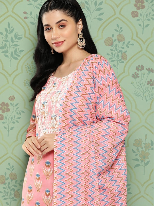 Yufta Floral Embroidered Regular Pure Cotton Kurta with Trousers & With Dupatta