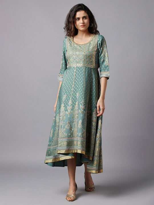 Aurelia Green & Gold-Toned Ethnic Motifs Printed A-Line Midi Dress