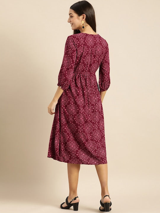 All about you Maroon & Pink Bandhani Printed A-Line Midi Dress