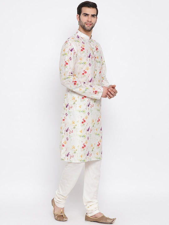 Vastramay Men Cream-Coloured Floral Printed Kurta with Pyjamas