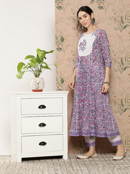 Yufta Floral Printed Kantha Work Pure Cotton Kurta with Trousers & Dupatta