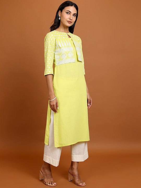 Vishudh Sleeveless Pure Cotton Kurta With Trousers & Printed Jacket