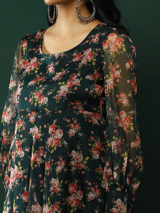 AKS Floral Printed Anarkali Kurta With Trousers & Dupatta