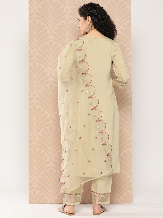 Yufta Floral Embroidered Regular Thread Work Pure Cotton Kurta with Trousers & Dupatta