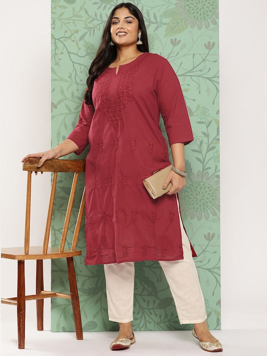 Yufta Plus Size Floral Embroidered Chikankari Pure Cotton Kurta