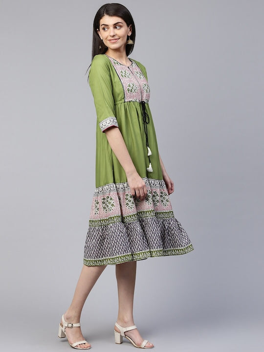 All about you Green & Pink Ethnic Motifs Printed Notch Neck A-Line Midi Dress