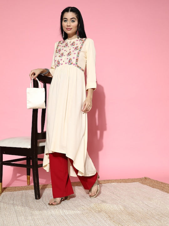 All about you Cream-Coloured & Pink Floral Embroidered Mirror Work Pure Cotton Kurta
